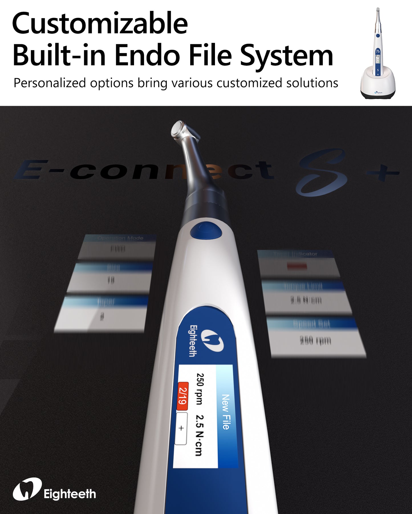 Bevielis endodntinis motoras su integruotu apekso lokatoriumi E-Connect S+