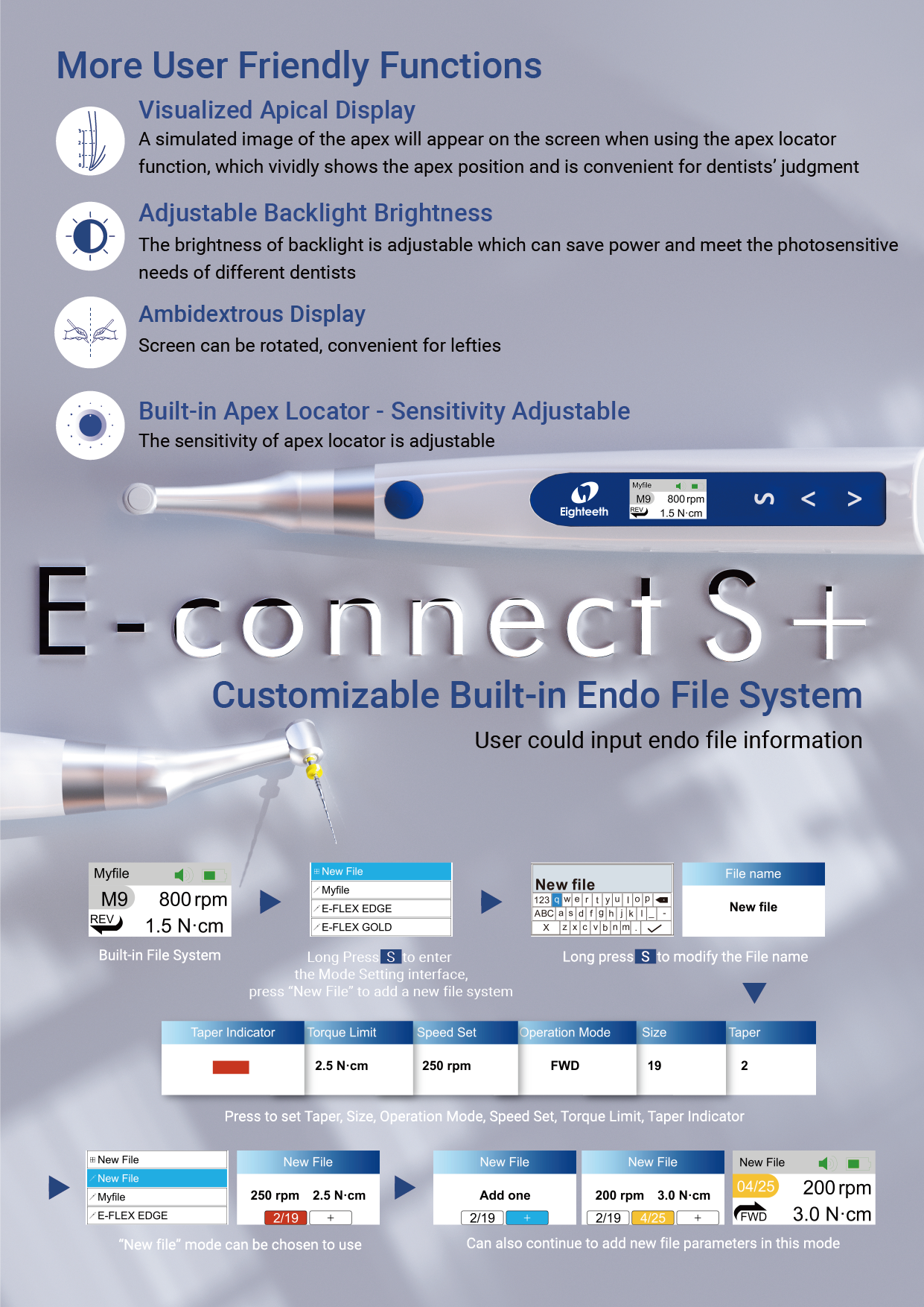 Bevielis endodntinis motoras su integruotu apekso lokatoriumi E-Connect S+