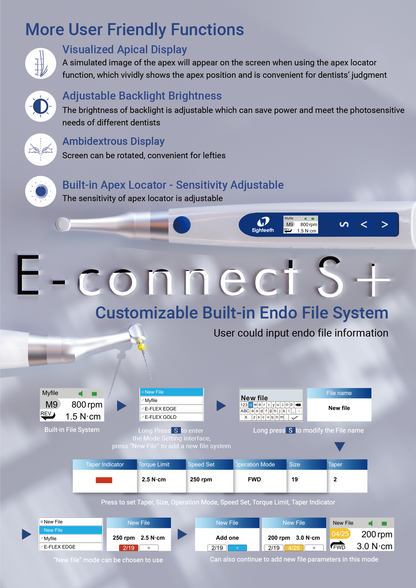 Bevielis endodntinis motoras su integruotu apekso lokatoriumi E-Connect S+